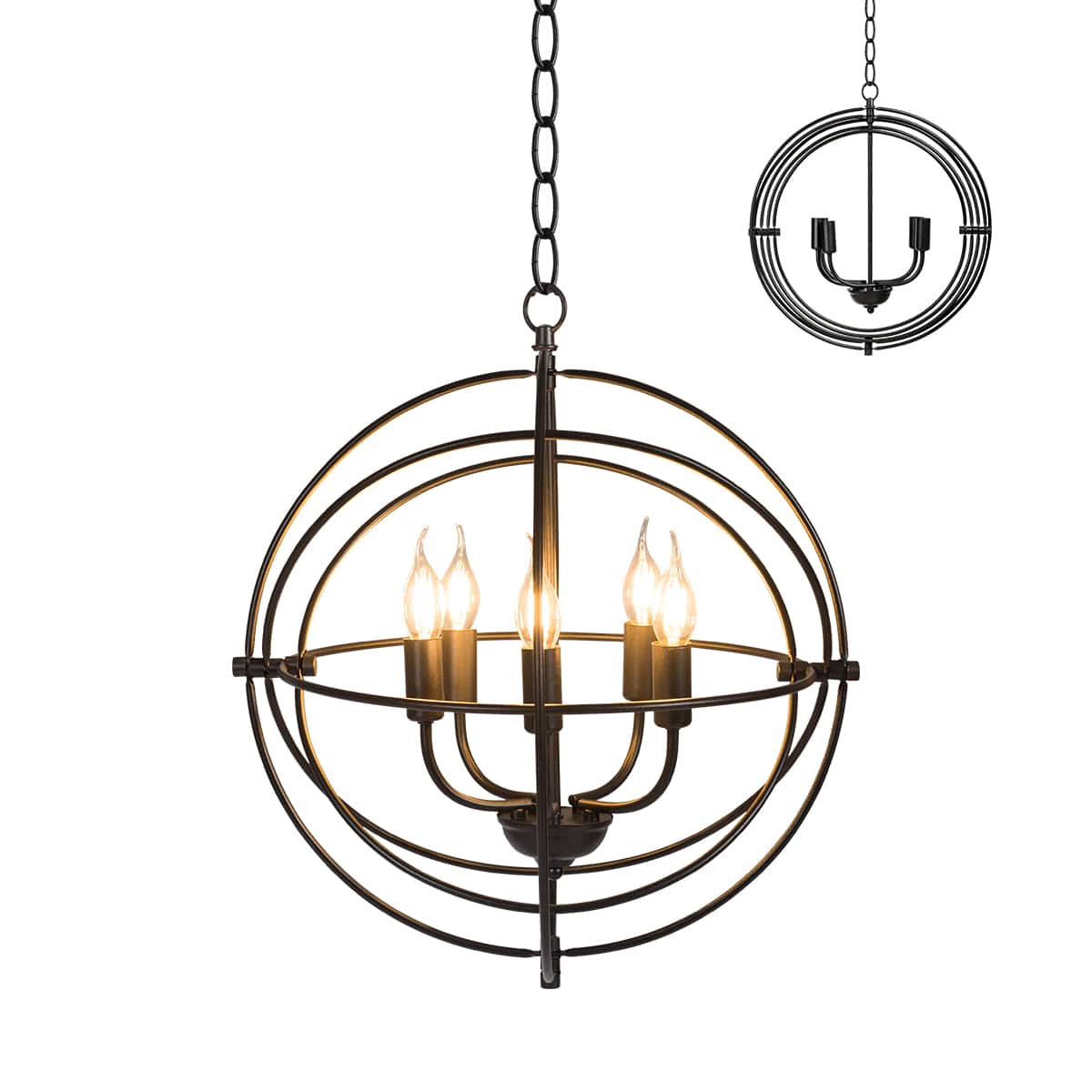Costway - 20" 5-Light Metal Pendant Chandelier w/ Iron Chain Pivoting Interlocking Rings - Black