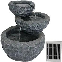 Sunnydaze - 3-Tier Chiseled Basin Solar Water Fountain with Battery - 17 in - Gray