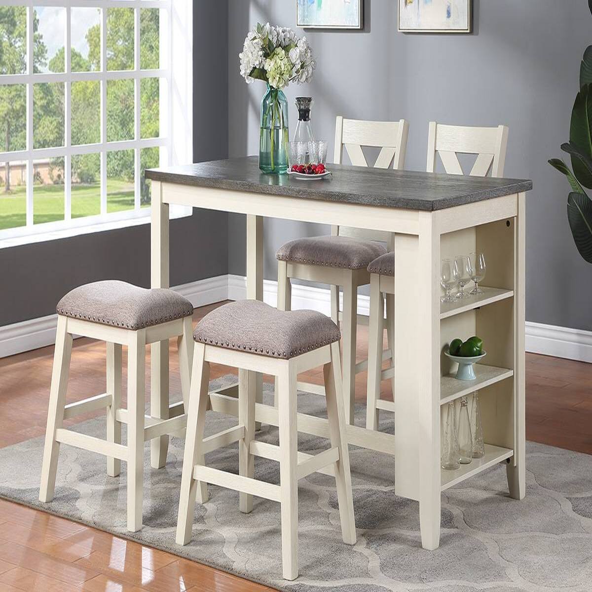 Alt View 4. Loheer - Loheer Counter Height Dining Table with Side Storage Shelves, Off-White Solid Wood, 60 Inches - Off-White.