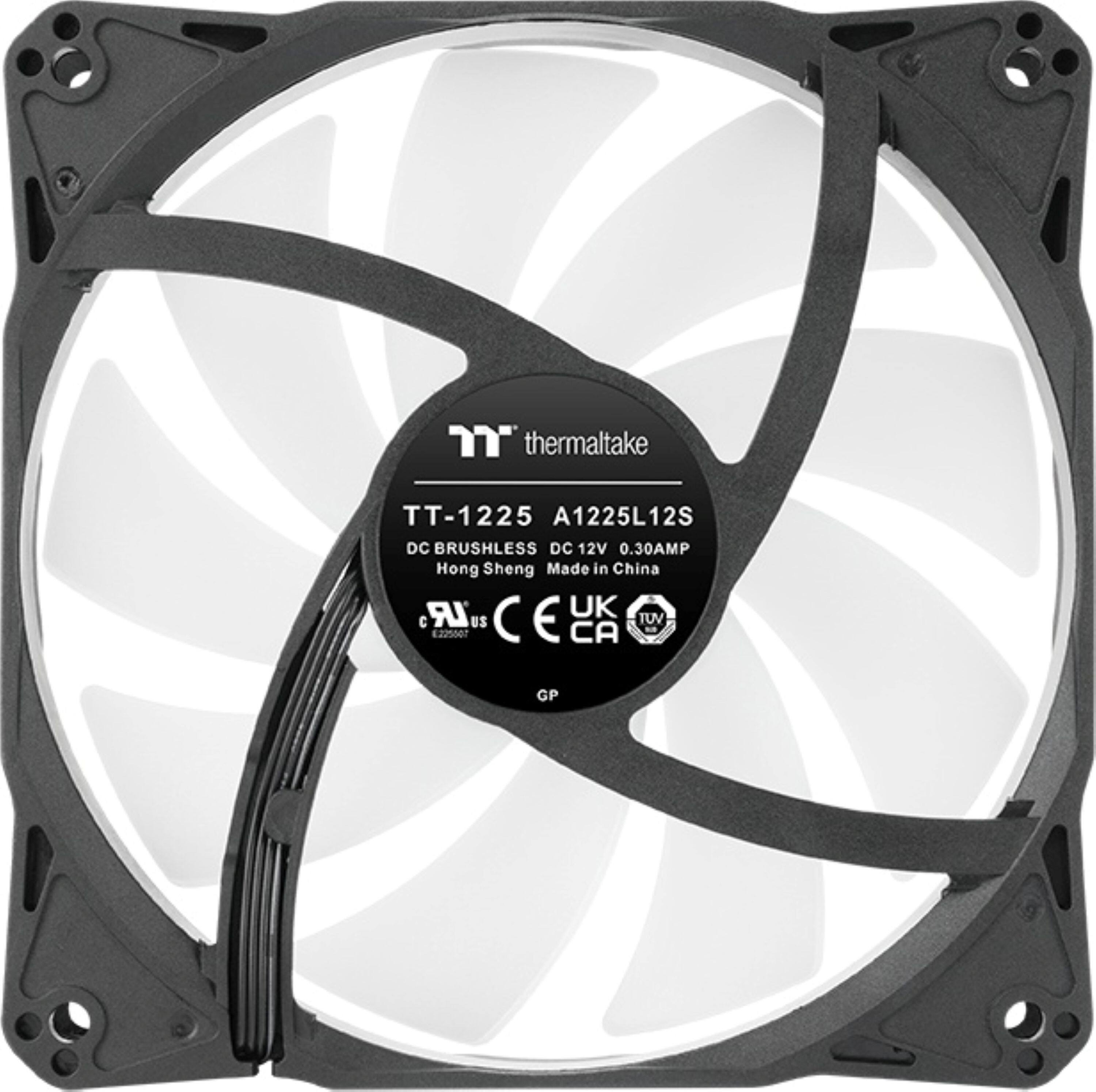 The text on the image reads: "thermaltake TT-1225 A1225L12S DC BRUSHLESS DC 12V 0.30AMP Hong Sheng Made in China LR UK C US C E TUV E22n0t CA GP".