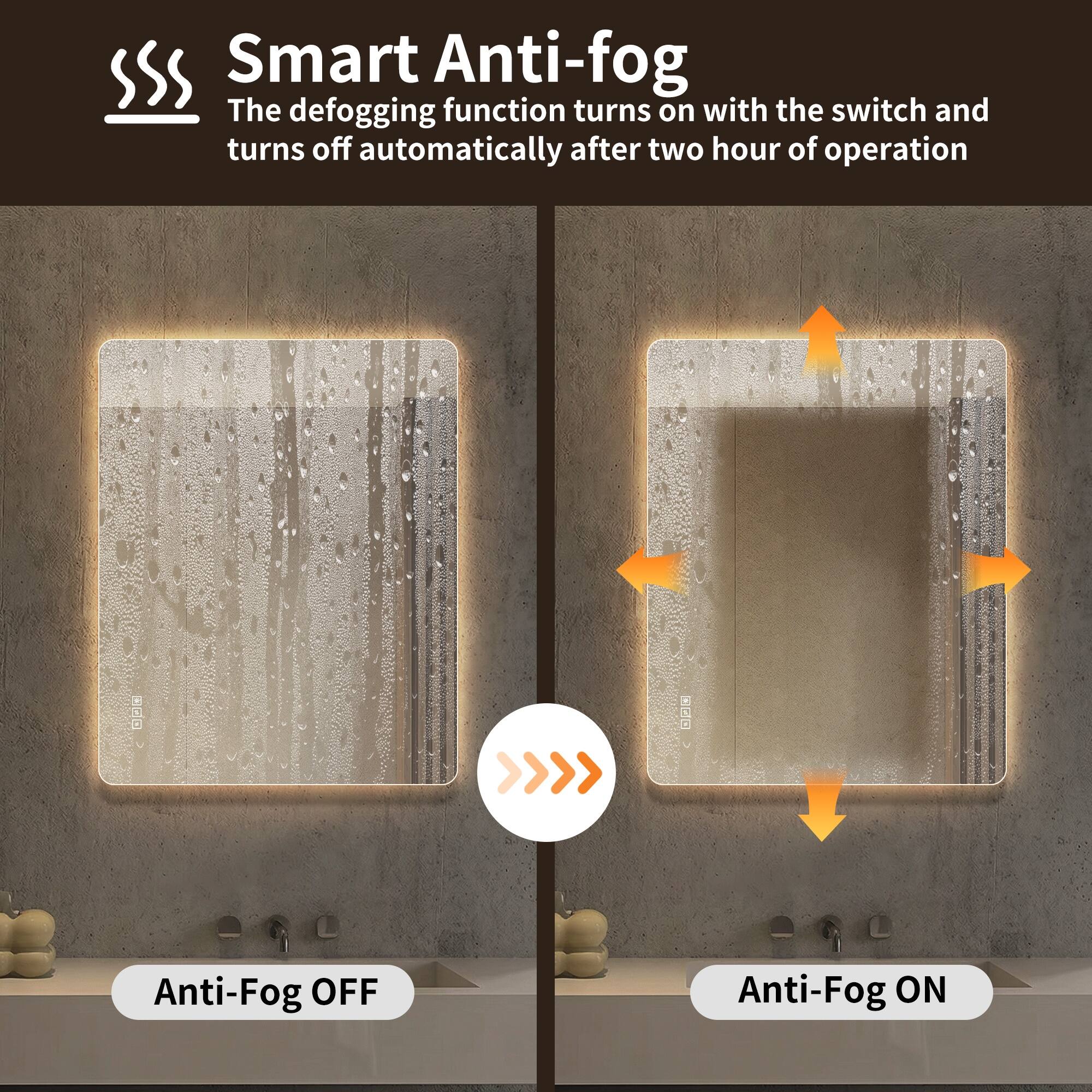 Smart Anti-fog  
The defogging function turns on with the switch and turns off automatically after two hours of operation  

Anti-Fog OFF  
Anti-Fog ON