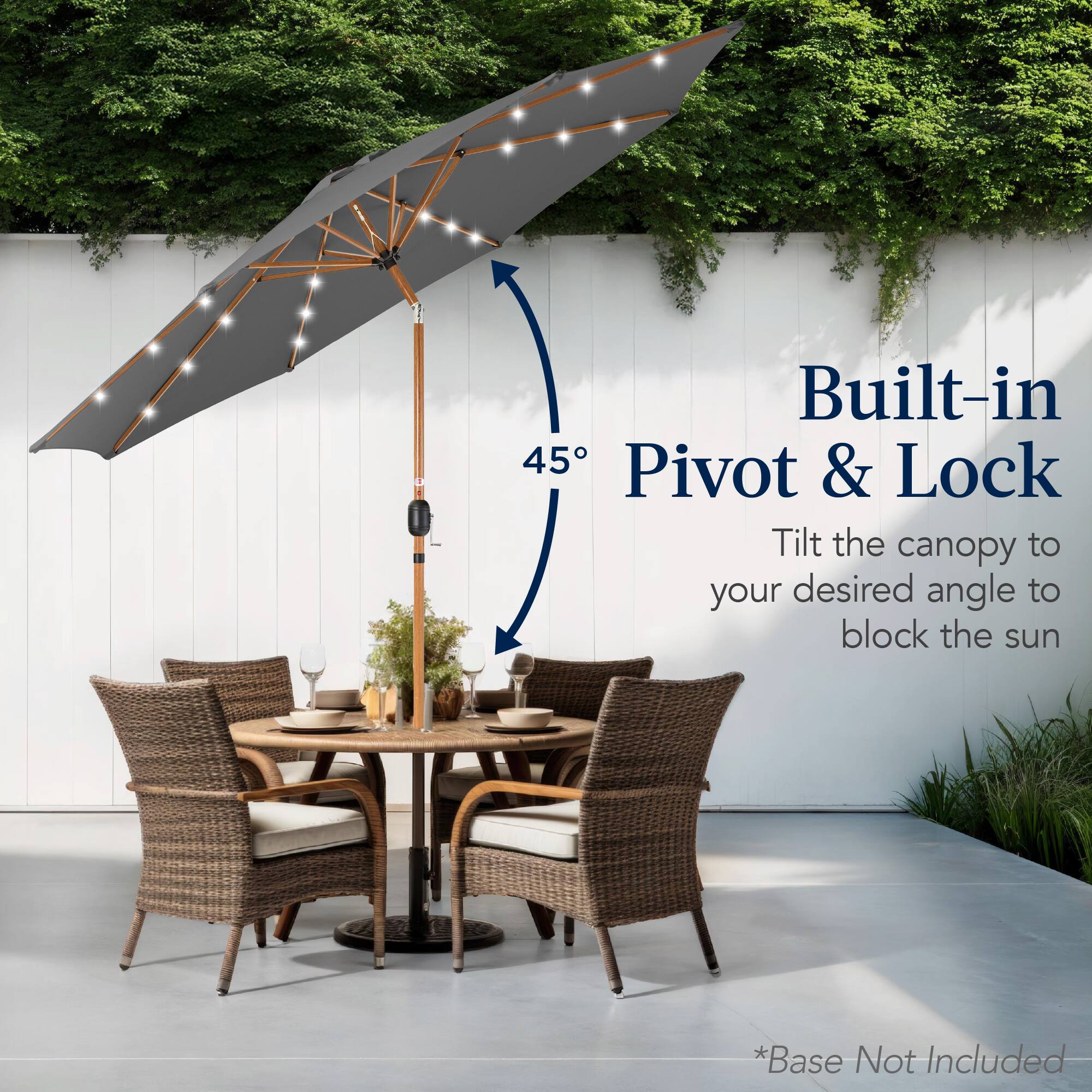Built-in 45° Pivot & Lock: Tilt the canopy to your desired angle to block the sun. *Base Not Included