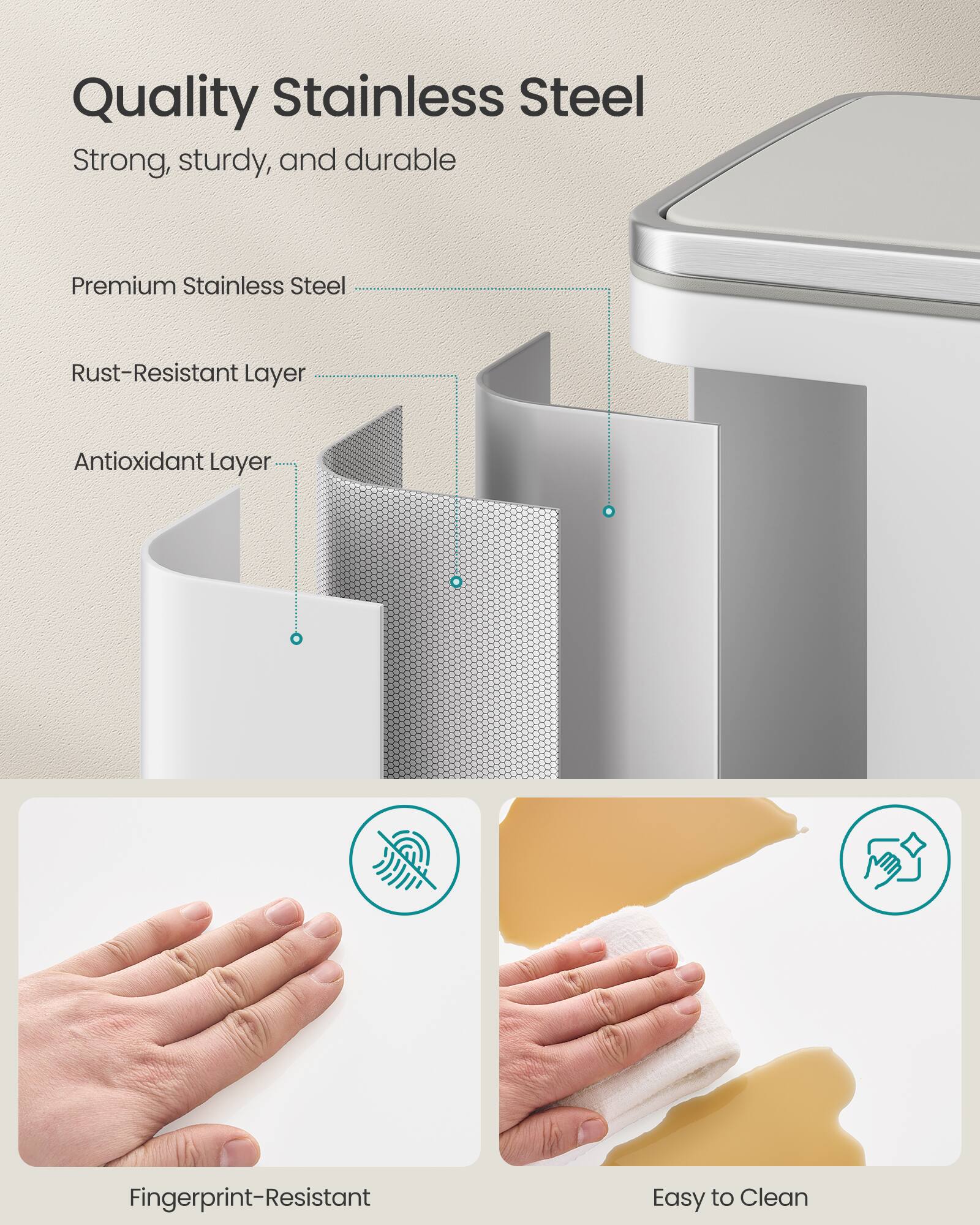 Quality Stainless Steel

Strong, sturdy, and durable

Premium Stainless Steel

Rust-Resistant Layer

Antioxidant Layer

Fingerprint-Resistant

Easy to Clean