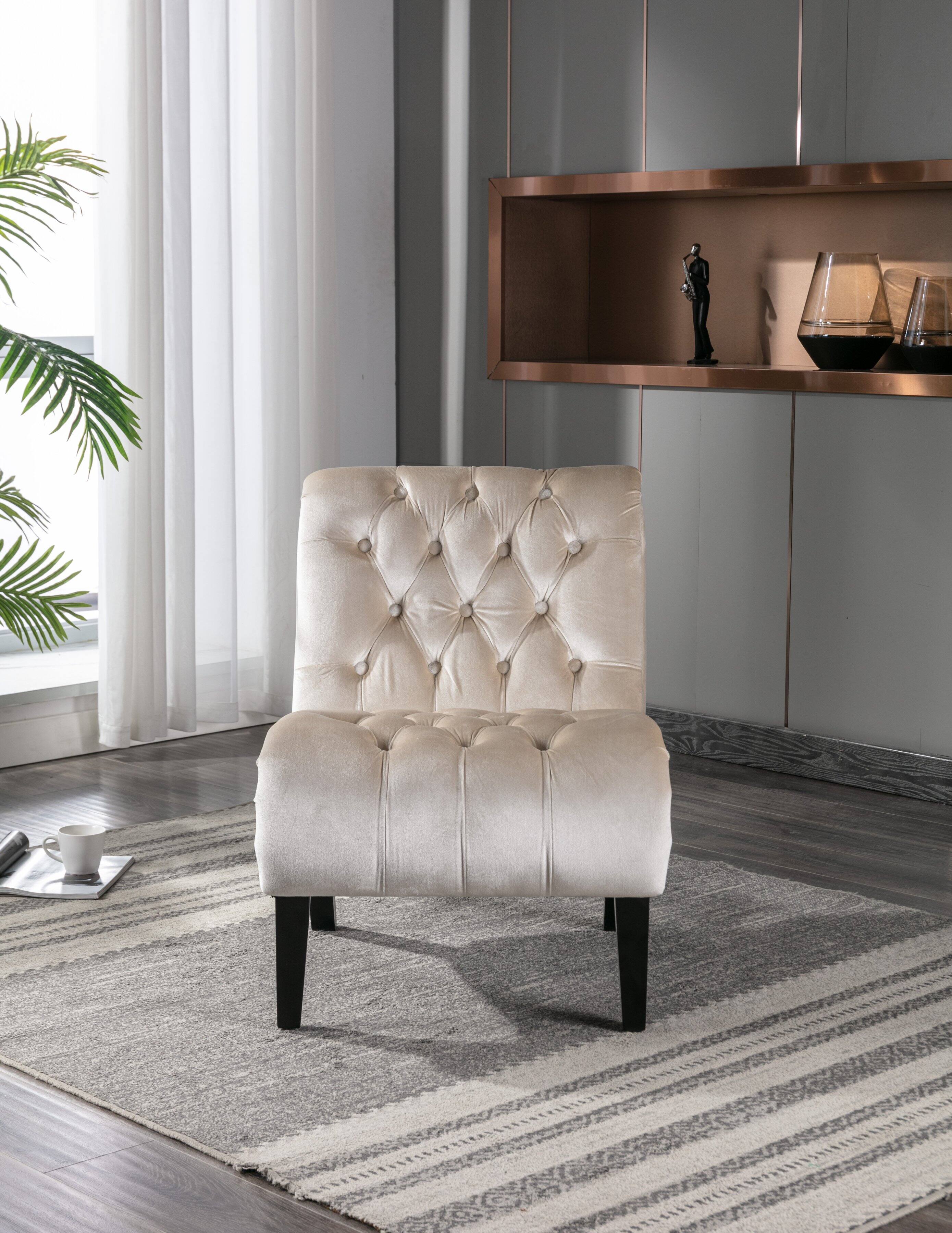 Angle. Trinkets Crazed - Velvet Accent Lounge Chair for Living Room, Modern Leisure Chair with Tufted Backrest, Indoor Armless Side Chair - Beige.