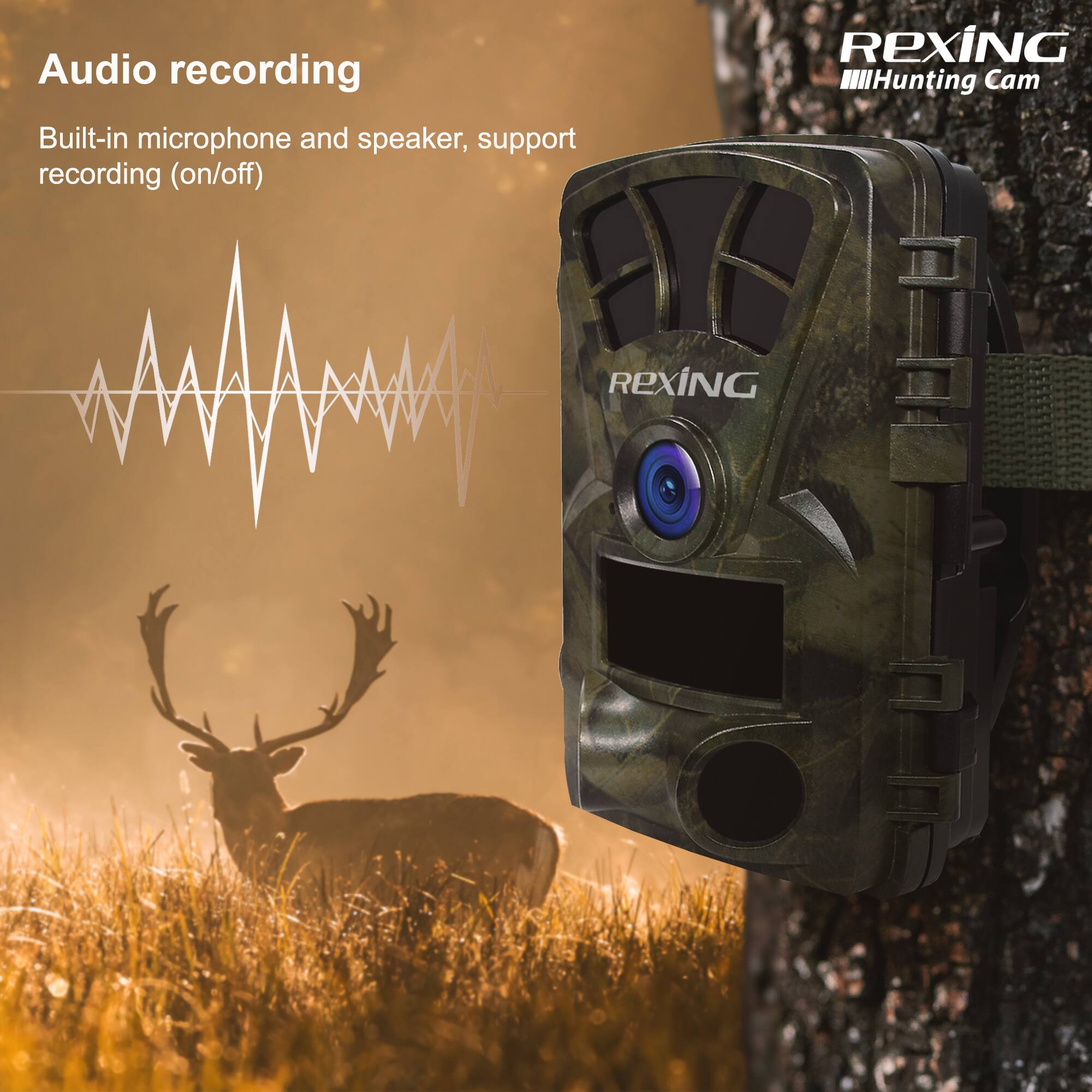 Audio recording  
Built-in microphone and speaker, support recording (on/off)  

Rexing  
Hunting Cam