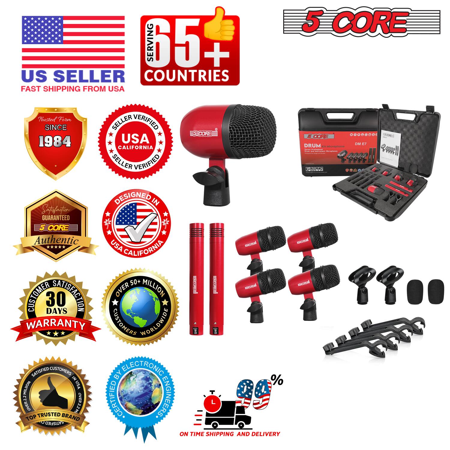 Sure, here is the corrected and grouped text from the image:

---

**US SELLER**  
FAST SHIPPING FROM USA

**SERVING 65+ COUNTRIES**

**5 CORE**

**SINCE 1984**  
USA CALIFORNIA  
SELLER VERIFIED

**DESIGNED IN**  
USA CALIFORNIA

**5 CORE**  
Authentic

**30 DAYS**  
CUSTOMER SATISFACTION WARRANTY

**OVER 50+ MILLION**  
CUSTOMERS WORLDWIDE

**SATISFIED CUSTOMERS**  
IN USA

**TOP TRUSTED BRAND**  
OVER 2.3 MILLION SATISFIED CUSTOMERS

**ON TIME SHIPPING AND DELIVERY**

---

This text is organized to reflect the various badges and information presented in the image.