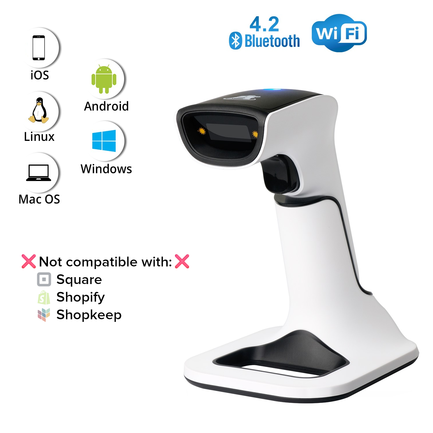 4.2 Bluetooth Wi-Fi

Compatible with:
- iOS
- Android
- Linux
- Windows
- Mac OS

Not compatible with:
- Square
- Shopify
- Shopkeep