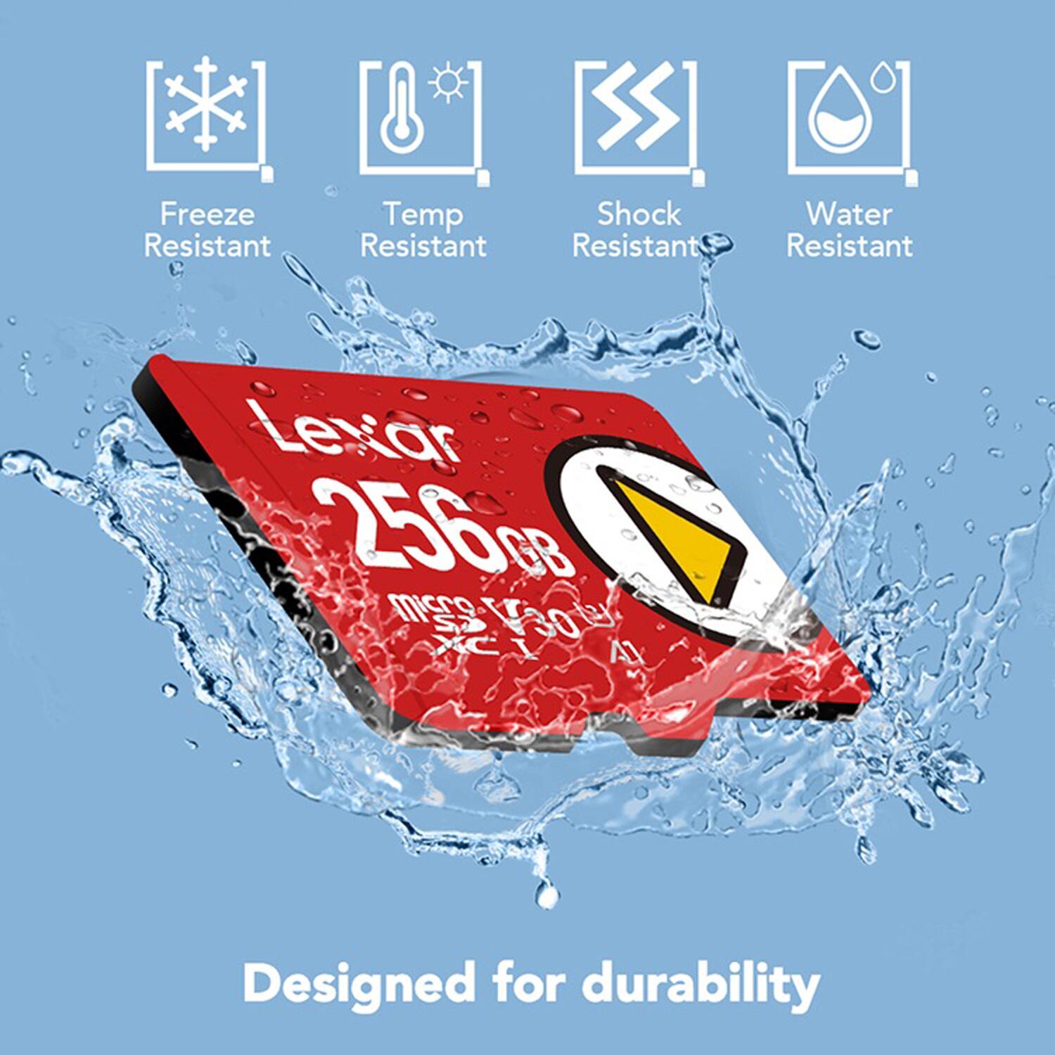 Freeze Resistant  
Temp Resistant  
Shock Resistant  
Water Resistant  

Lexar 256GB  
Designed for durability