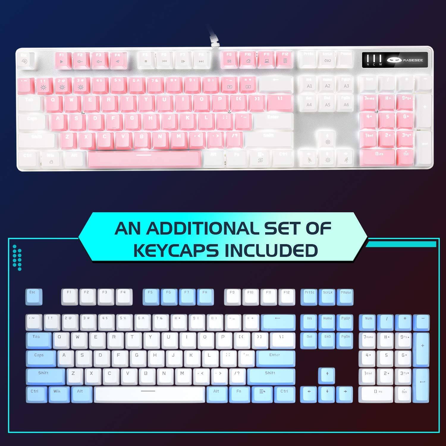 Sure, here is the corrected and grouped text from the image:

---

**AN ADDITIONAL SET OF KEYCAPS INCLUDED**

---

**Top Row:**
- F1 F2 F3 F4 F5 F6 F7 F8 F9 F10 F11 F12

**Number Row:**
- 1 2 3 4 5 6 7 8 9 0 - = Backspace

**QWERTY Row:**
- Q W E R T Y U I O P [ ] \

**A Row:**
- A S D F G H J K L ; '

**Z Row:**
- Z X C V B N M , . / Shift

**Function Row:**
- Esc Tab Caps Shift Ctrl Win Alt Spacebar Alt Ctrl Fn

**Number Pad:**
- Num Lock / * - + Home PgUp PgDn End PgDn Ins Del

**Additional Keys:**
- A1 A2 A3 A4 A5 A6

**Special Keys:**
- Print Screen Scroll Lock Pause

---

**Note:** The text includes the layout of the keyboard and mentions that an additional set of keycaps is included.