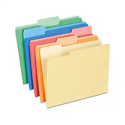 Front. Staples - Staples Heavyweight File Folders, 1/3-Cut Tab, Letter Size, Assorted Colors, 50/Box (ST18363-CC) - Assorted Colors.