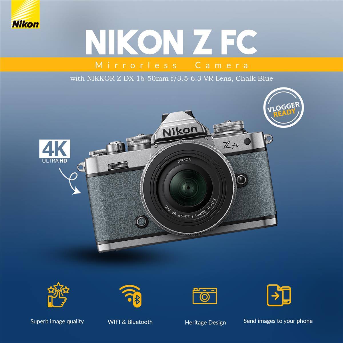 Nikon NIKON Z FC Mirrorless Camera with NIKKOR Z DX 16-50mm f/3.5-6.3 VR Lens, Chalk Blue

4K ULTRA HD

VLOGGER READY

Superb image quality

WIFI & Bluetooth

Heritage Design

Send images to your phone