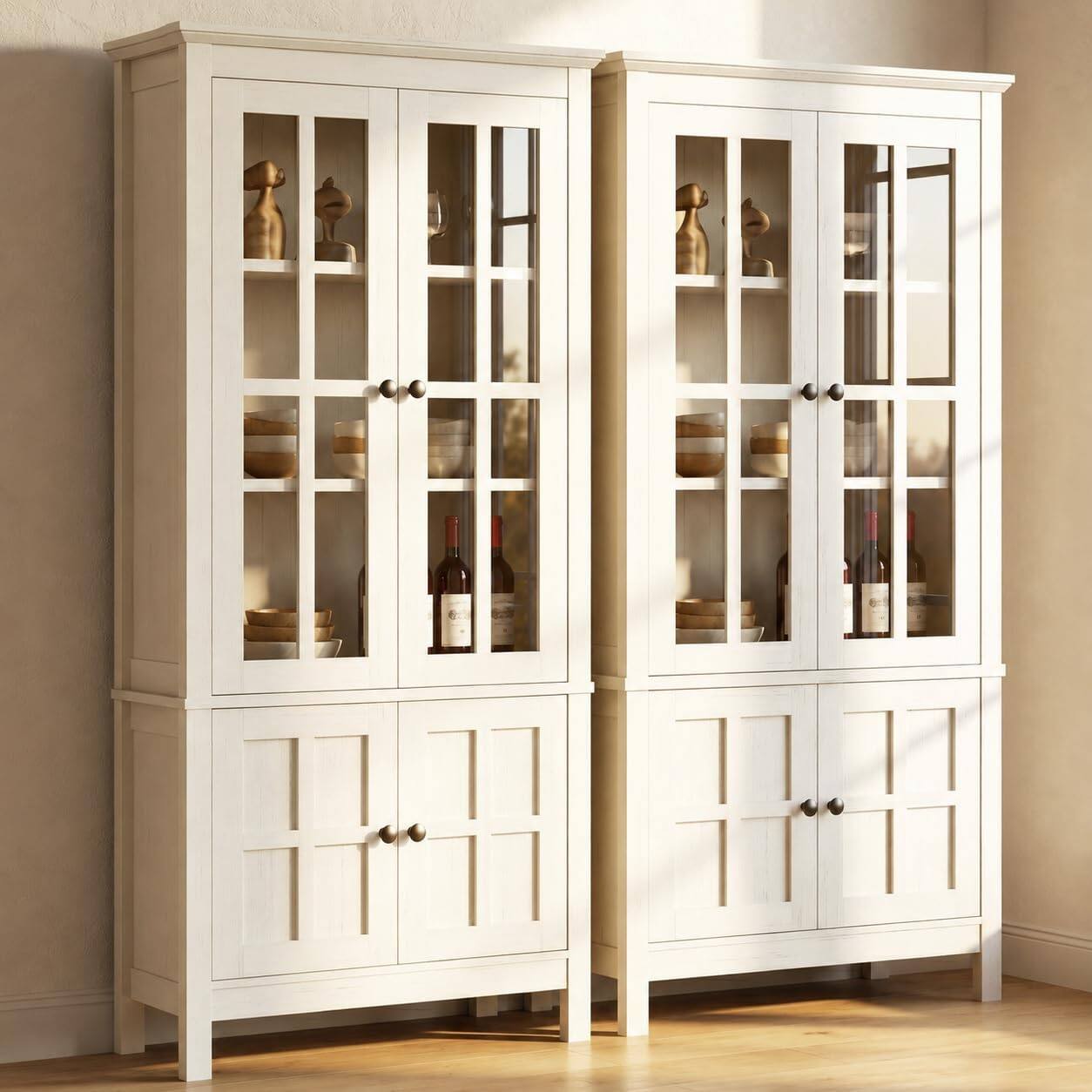 Alt View 3. Aheaplus - 63'' Tall Farmhouse Pantry Storage Cabinet with Adjustable Shelves and Glass Doors, 59'' Width, 2 Packs - Rustic White.