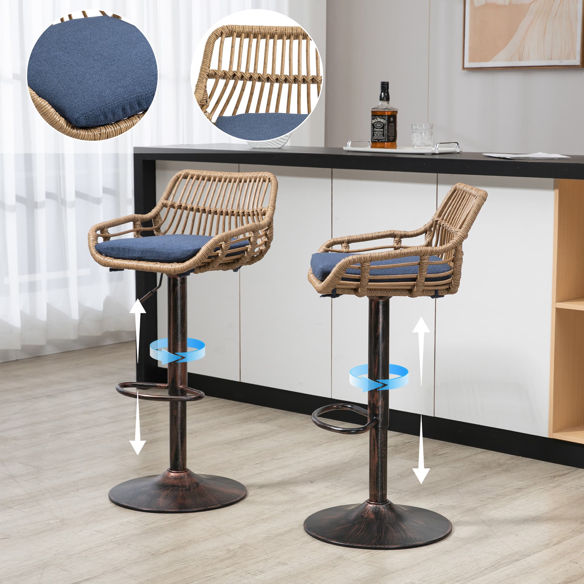 HTUTWOO - Rattan Bar Stools Set of 2, Adjustable Counter Height Chairs, 360° Swivel Barstools with Linen Cushion for Dining Room - Blue