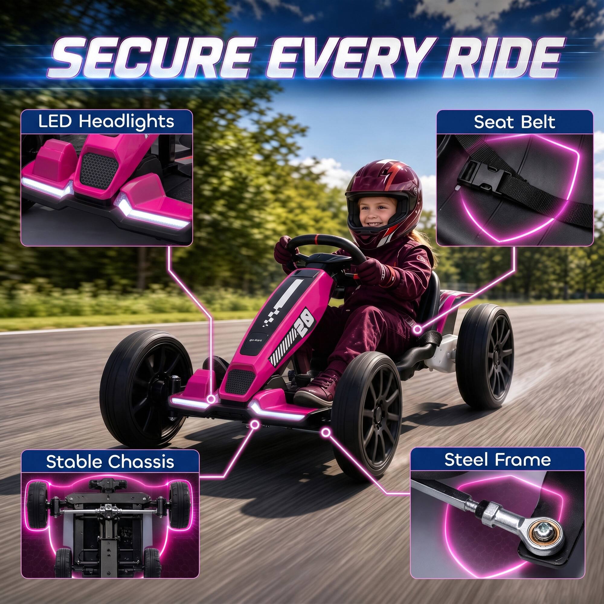 SECURE EVERY RIDE

- LED Headlights
- Seat Belt
- Stable Chassis
- Steel Frame