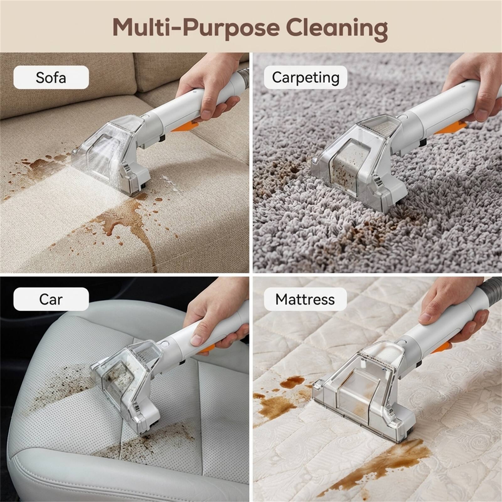 Multi-Purpose Cleaning

- Sofa
- Carpeting
- Car
- Mattress