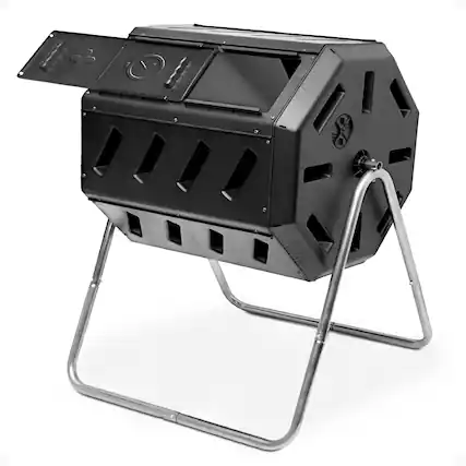 Front. FCMP Outdoor - FCMP Outdoor 37 Gallon Elevated Dual Chamber Tumbling Garden Composter Bin,Black - Black.