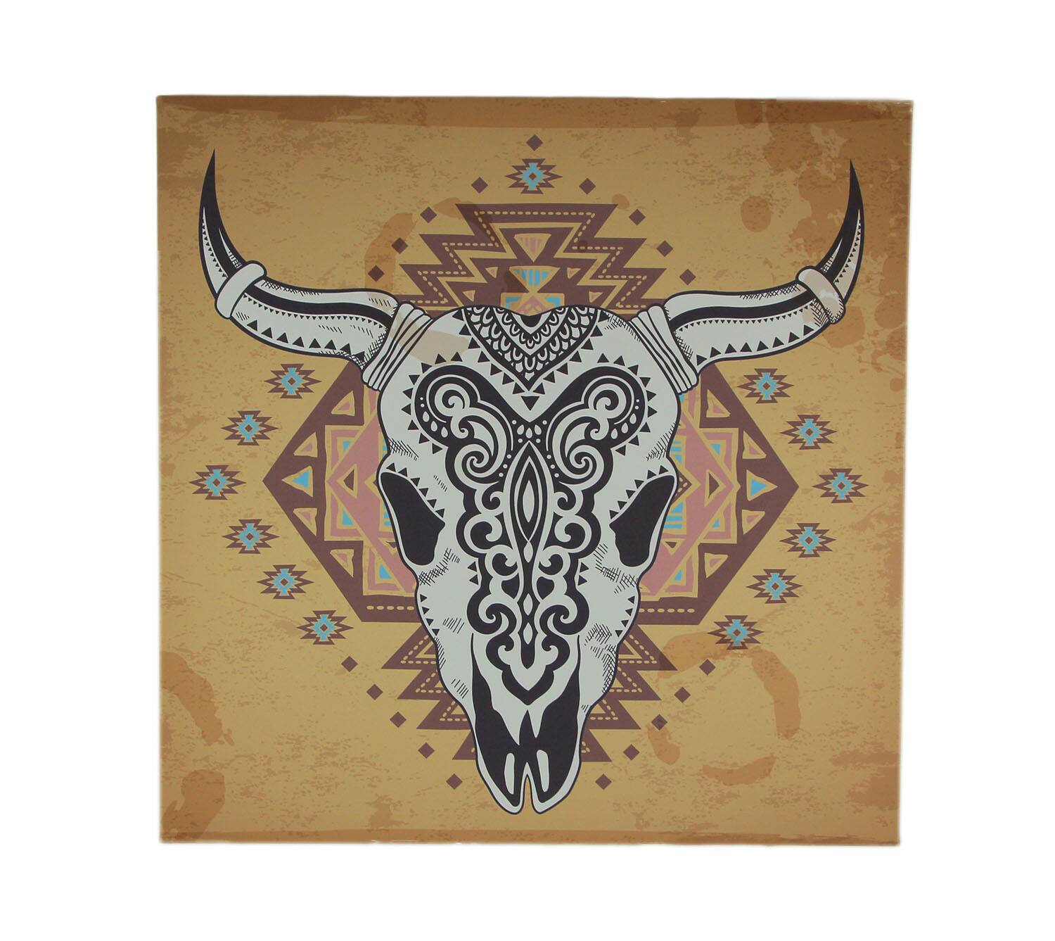 Front. De Leon Collections - Southwest Steer Skull Santa Fe Style Canvas Print - Multicolored.