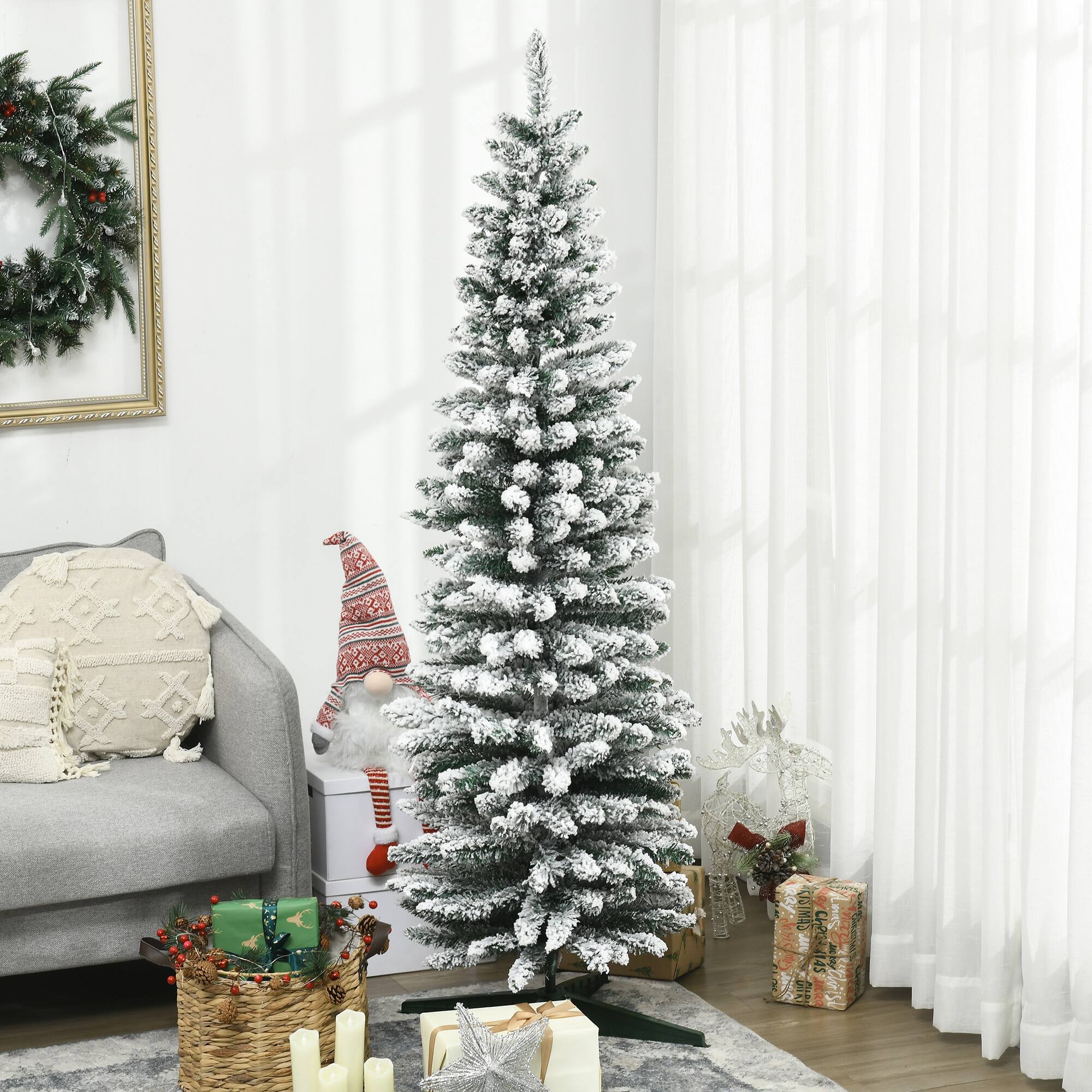 Alt View 1. Homcom - Snow Flocked Slim Pencil Artificial Christmas Tree, Realistic Branches Plastic Base - Green.