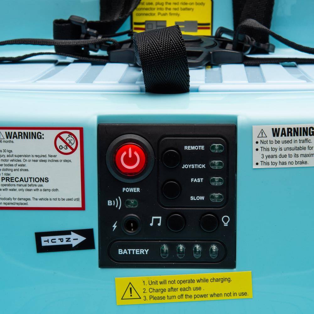 **WARNING:**
- 6 months.
- 30 kgs.
- Plug the red ride-on body into the red battery.
- Push firmly.

**PRECAUTIONS:**
- Never use on or near steep inclines or steps, bodies of water, or motor vehicles.
- Adult supervision is required.
- Never ride with clothing and shoes.
- Only 1 rider.
- Do not use in water; clean with a damp cloth.
- Periodically check for damages. The vehicle is not to be used until repaired/replaced.

**POWER BI REMOTE JOYSTICK FAST SLOW**

**BATTERY:**
- 1. Unit will not operate while charging.
- 2. Charge after each use.
- 3. Please turn off the power when not in use.

**WARNING:**
- Not to be used in traffic.
- This toy is unsuitable for 3 years due to its maximum speed.
- This toy has no brake.