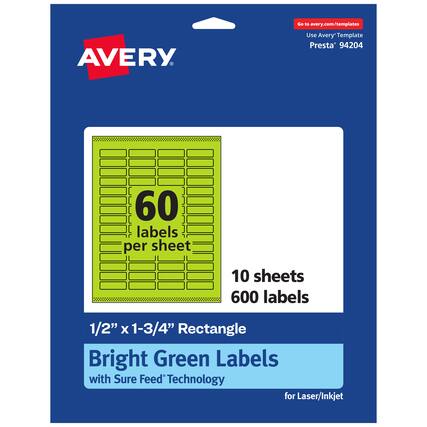 Go to avery.com/templates
Use Avery Template Presta® 94204
60 labels per sheet
10 sheets
600 labels
1/2" x 1-3/4" Rectangle
Bright Green Labels with Sure Feed Technology for Laser/Inkjet