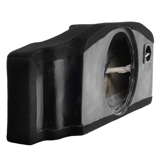 Angle. NVX - 2021-2026 Ford Mustang Mach-E BOOST Box - Custom Fit Empty Single 12" Sealed Subwoofer Enclosure - Black.