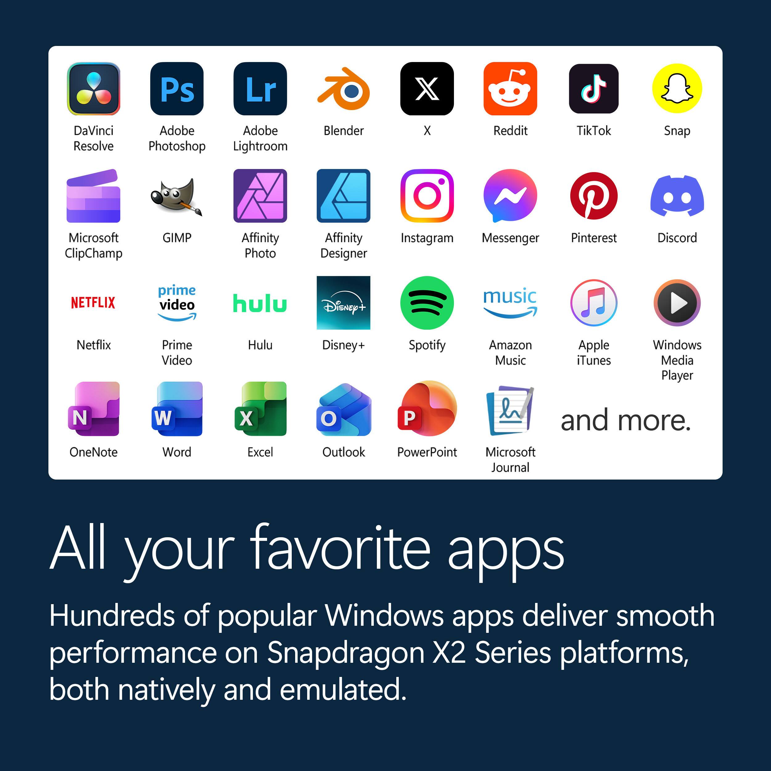 Ps Lr DaVinci Resolve Adobe Photoshop Lightroom Blender X Reddit TikTok Snap Microsoft ClipChamp GIMP Affinity Photo Affinity Designer Instagram Messenger Pinterest Discord NETFLIX Prime Video Hulu Disney+ Spotify Amazon Music Apple iTunes Windows Media Player OneNote Word Excel Outlook PowerPoint Microsoft Journal and more. All your favorite apps Hundreds of popular Windows apps deliver smooth performance on Snapdragon X2 Series platforms, both natively and emulated.