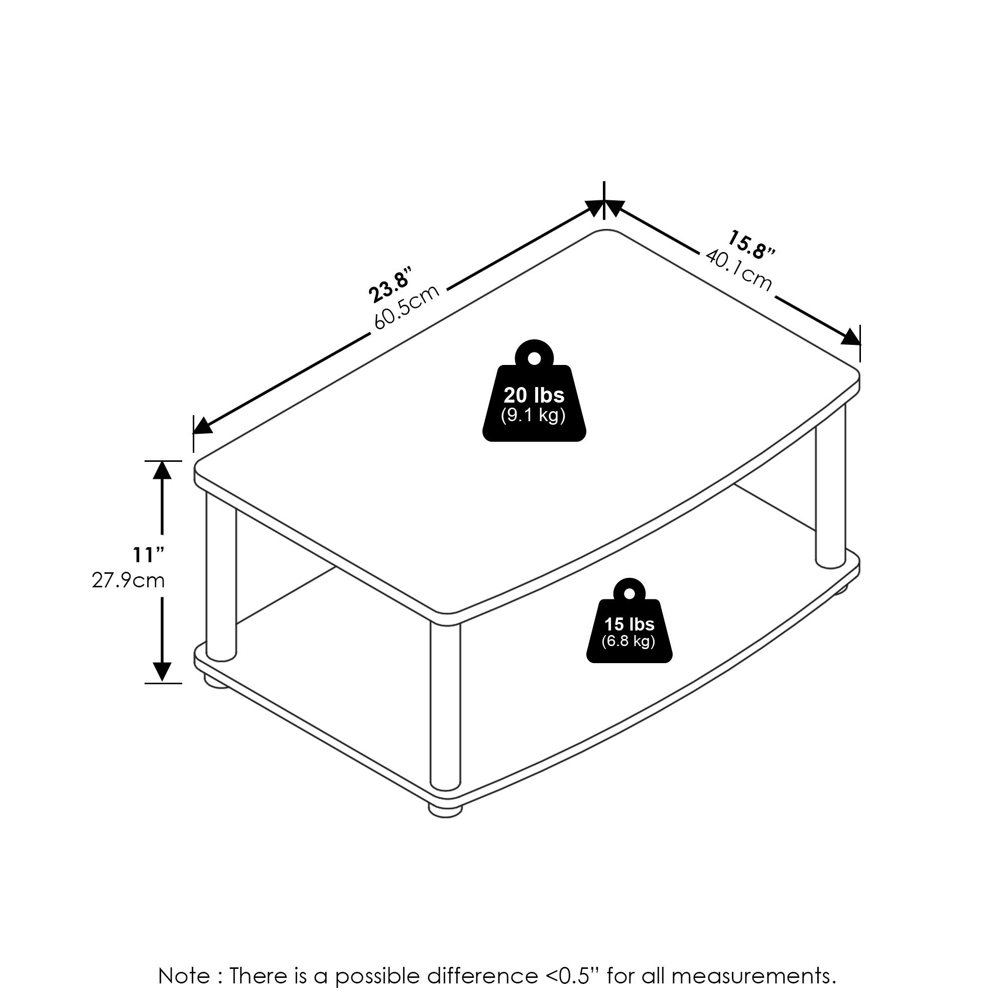 23.8" (60.5 cm)  
15.8" (40.1 cm)  
11" (27.9 cm)  
20 lbs (9.1 kg)  
15 lbs (6.8 kg)  

Note: There is a possible difference <0.5" for all measurements.