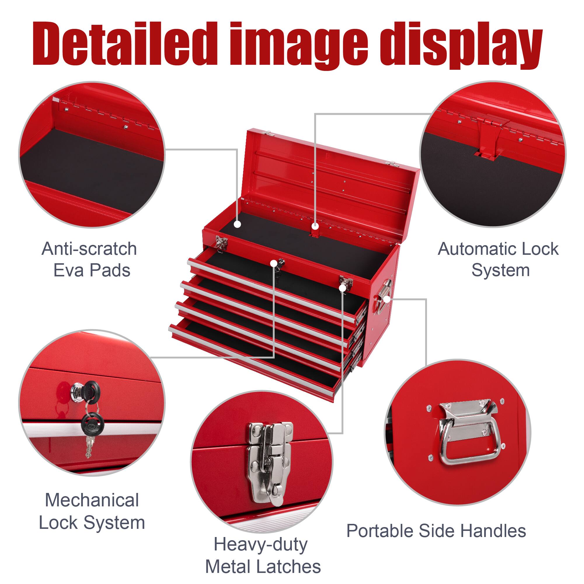 Detailed image display
Anti-scratch Eva Pads
Automatic Lock System
Mechanical Lock System
Portable Side Handles
Heavy-duty Metal Latches
