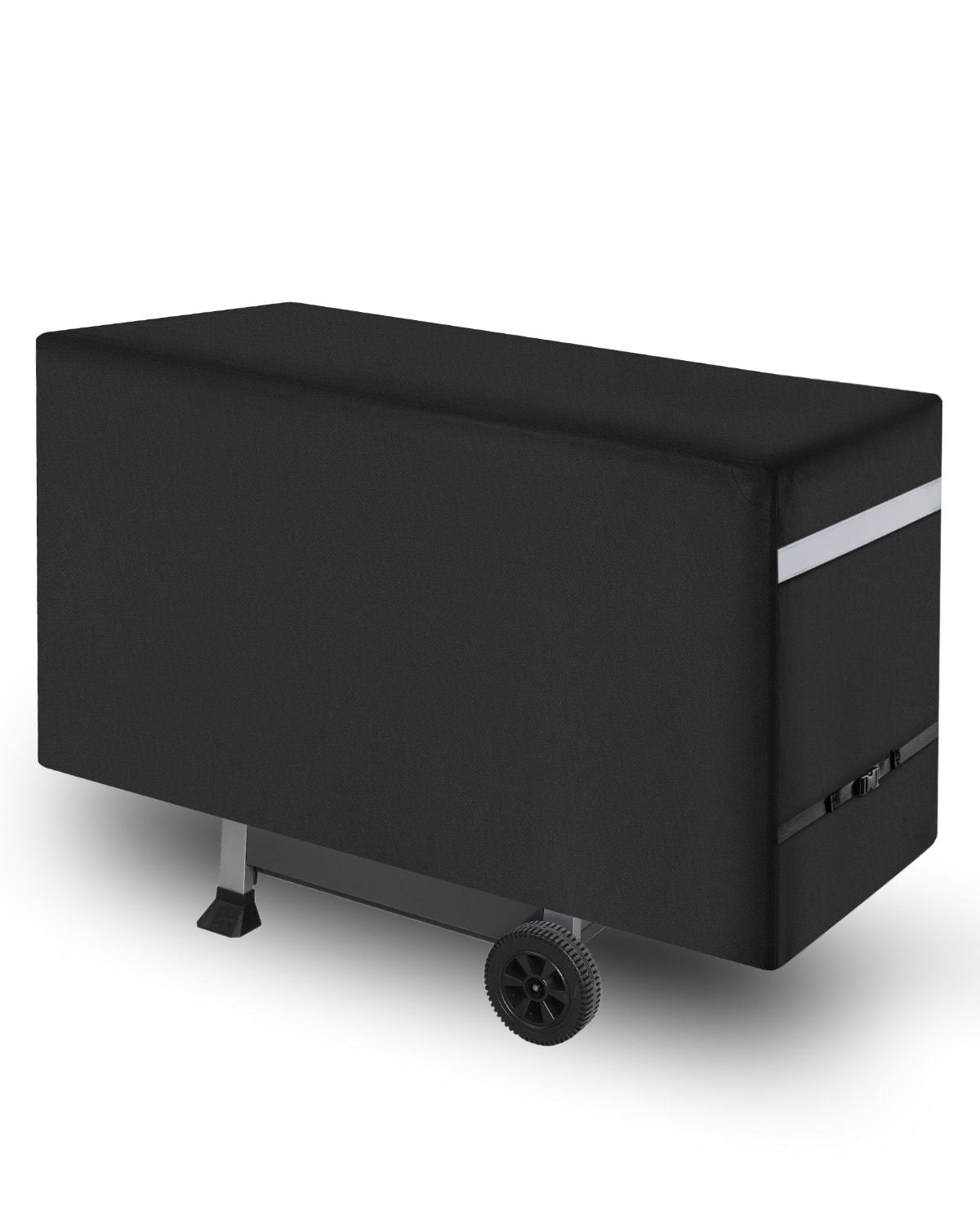 Front. VEVOR - Grill Cover, 66 inch BBQ Covers for Outdoor Grills, Fade Resistant, Weather Resistant Heavy Duty 600D Polyester - Black Fabric, White Reflective Strips.