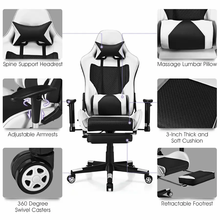 The text on the image is grouped and corrected as follows:

1. Spine Support Headrest
2. Massage Lumbar Pillow
3. Adjustable Armrests
4. 3-Inch Thick and Soft Cushion
5. 360 Degree Swivel Casters
6. Retractable Footrest