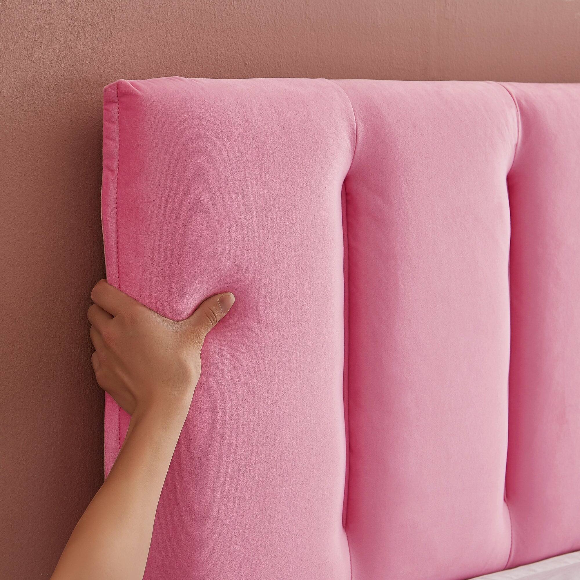 Back. Vecelo - Queen Upholstered Bed with Adjustable Headboard & 7.9" Underbed Storage - Quiet Slat Metal Platform Bed,Fabric Frame - Pink.