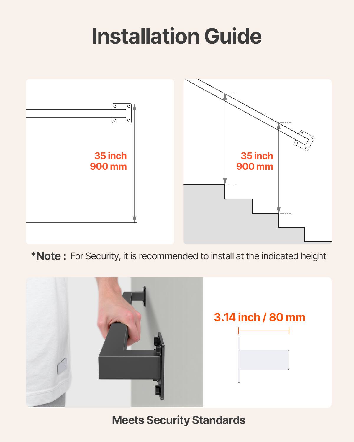 Installation Guide

35 inch / 900 mm

*Note: For Security, it is recommended to install at the indicated height

3.14 inch / 80 mm

Meets Security Standards