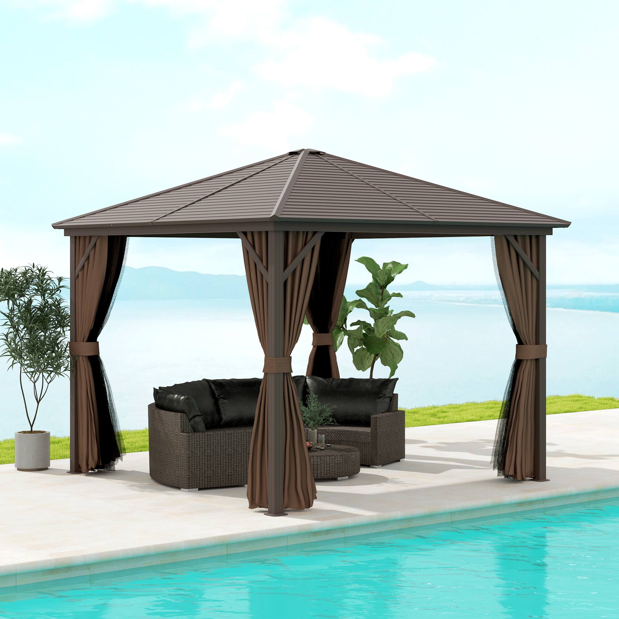 Alt View 1. Outsunny - 10' x 10' Hardtop Gazebo Canopy with Galvanized Steel Roof, Aluminum Frame, Permanent Pavilion Outdoor Gazebo with Hook - Brown.