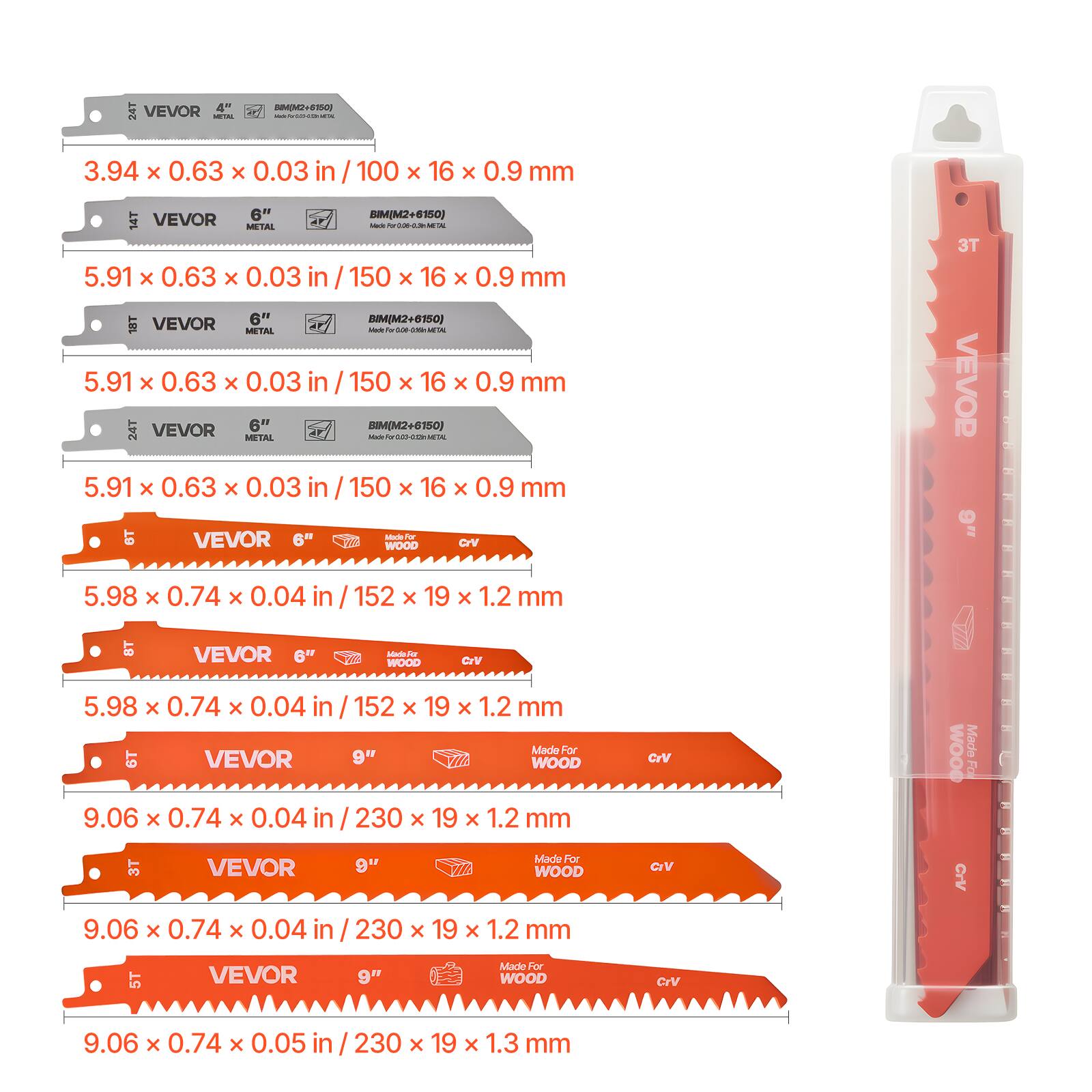 Sure, here is the corrected and grouped text:

---

**VEVOR 4" (M2+6150) METAL**  
3.94 x 0.63 x 0.03 in / 100 x 16 x 0.9 mm

**VEVOR 6" (M2+8180) METAL**  
5.91 x 0.63 x 0.03 in / 150 x 16 x 0.9 mm

**VEVOR 6" (M2+8160) METAL**  
5.91 x 0.63 x 0.03 in / 150 x 16 x 0.9 mm

**VEVOR 6" (M2+6150) METAL**  
5.91 x 0.63 x 0.03 in / 150 x 16 x 0.9 mm

**VEVOR 6" Aurie - WOOD**  
5.98 x 0.74 x 0.04 in / 
