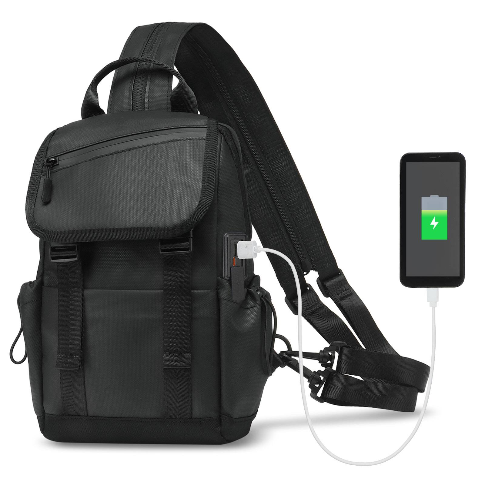 Unique Bargains - Small Backpack Convertible Crossbody Bags with USB Charge Port Lightweight Casual Sling Shoulder for Outdoor Travel - Black