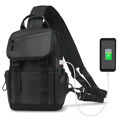 Front. Unique Bargains - Small Backpack Convertible Crossbody Bags with USB Charge Port Lightweight Casual Sling Shoulder for Outdoor Travel - Black.