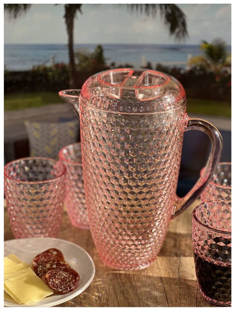 Back. APRILSOUL - Quarts Water Pitcher with Lid Diamond Cut Unbreakable Plastic BPA Free Juice Pitcher - Pink.