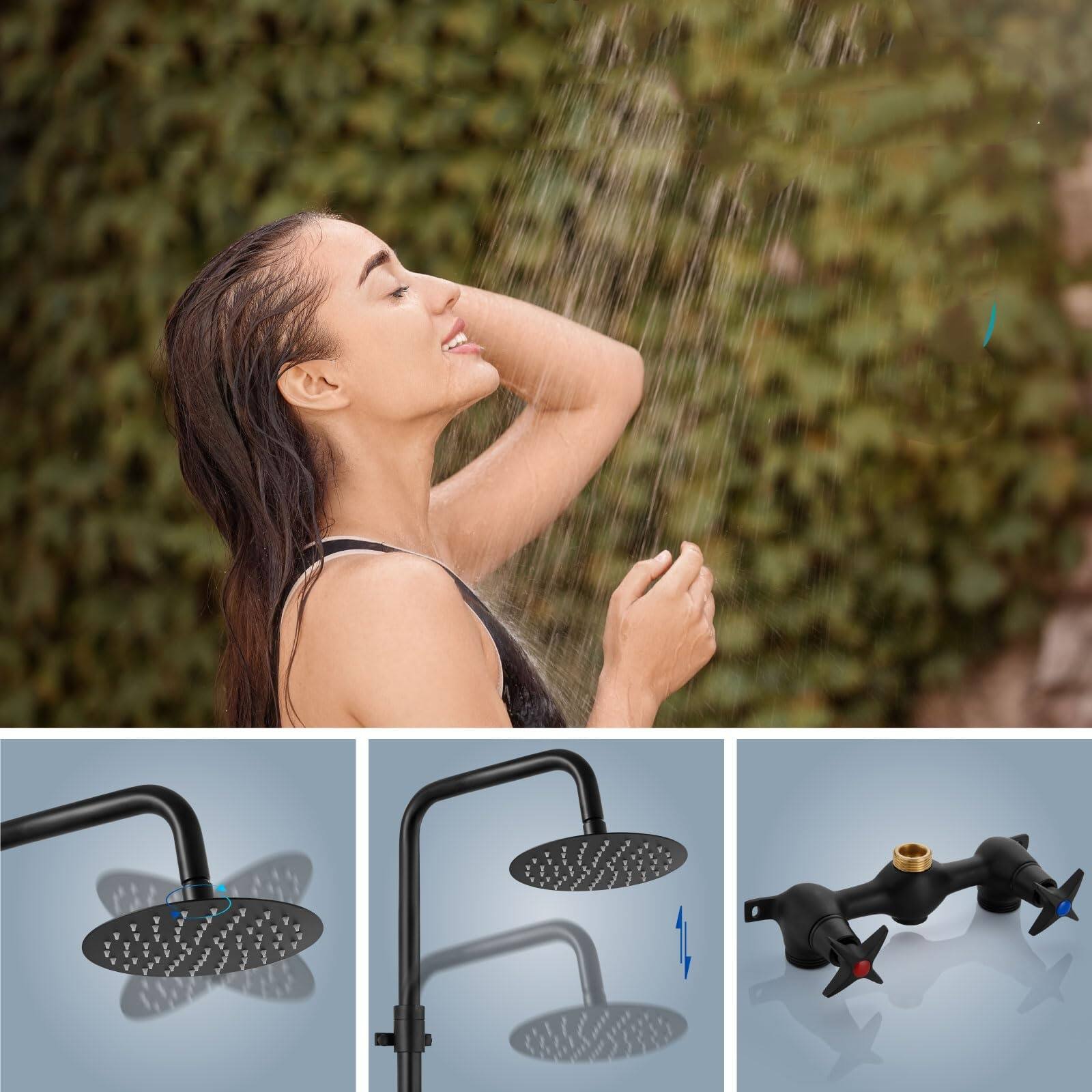 Angle. Dazzed Corner - Outdoor Shower Kit,Rainfall Shower Head - Matte Black.