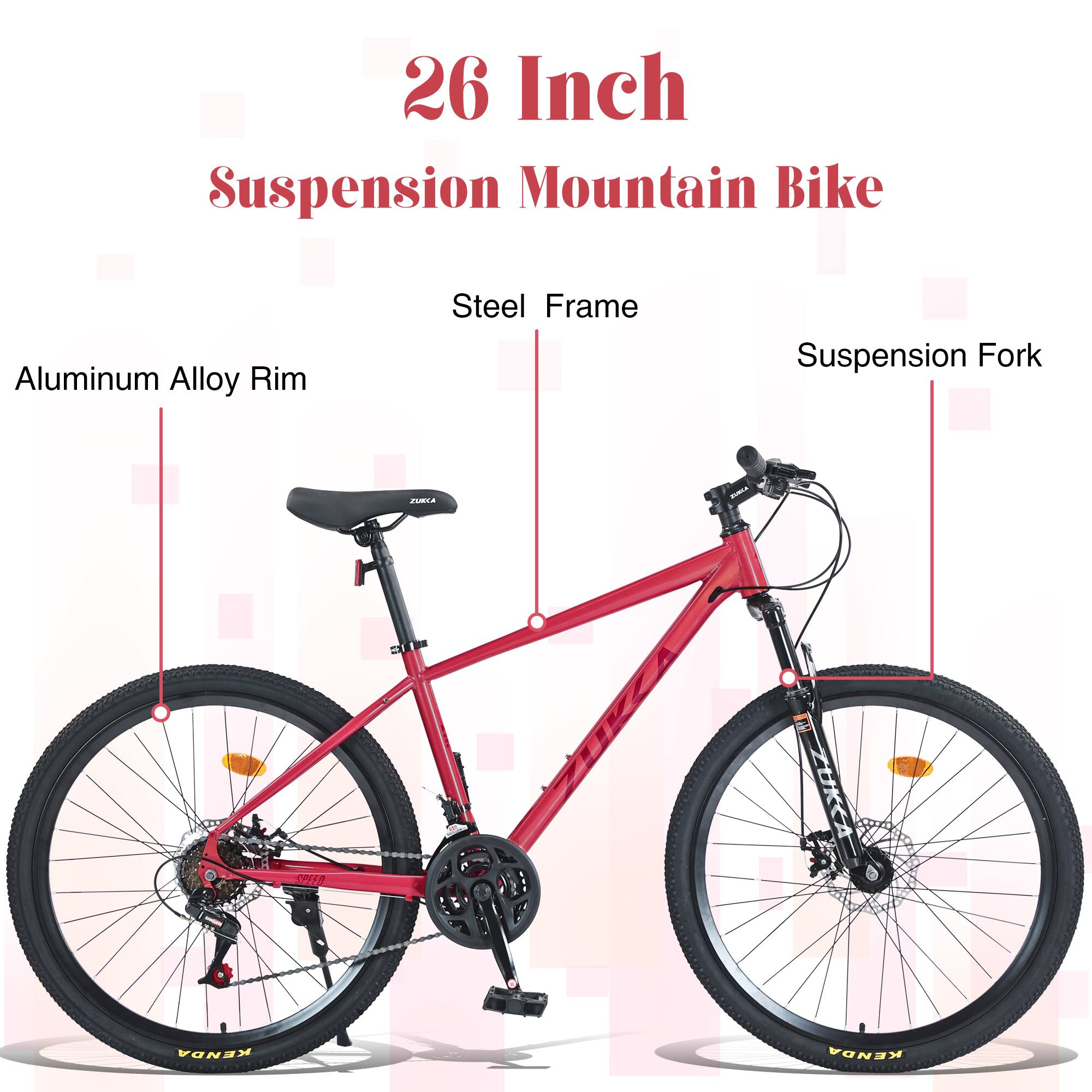 26 Inch Suspension Mountain Bike  
Steel Frame  
Aluminum Alloy Rim  
Suspension Fork  
KENDA