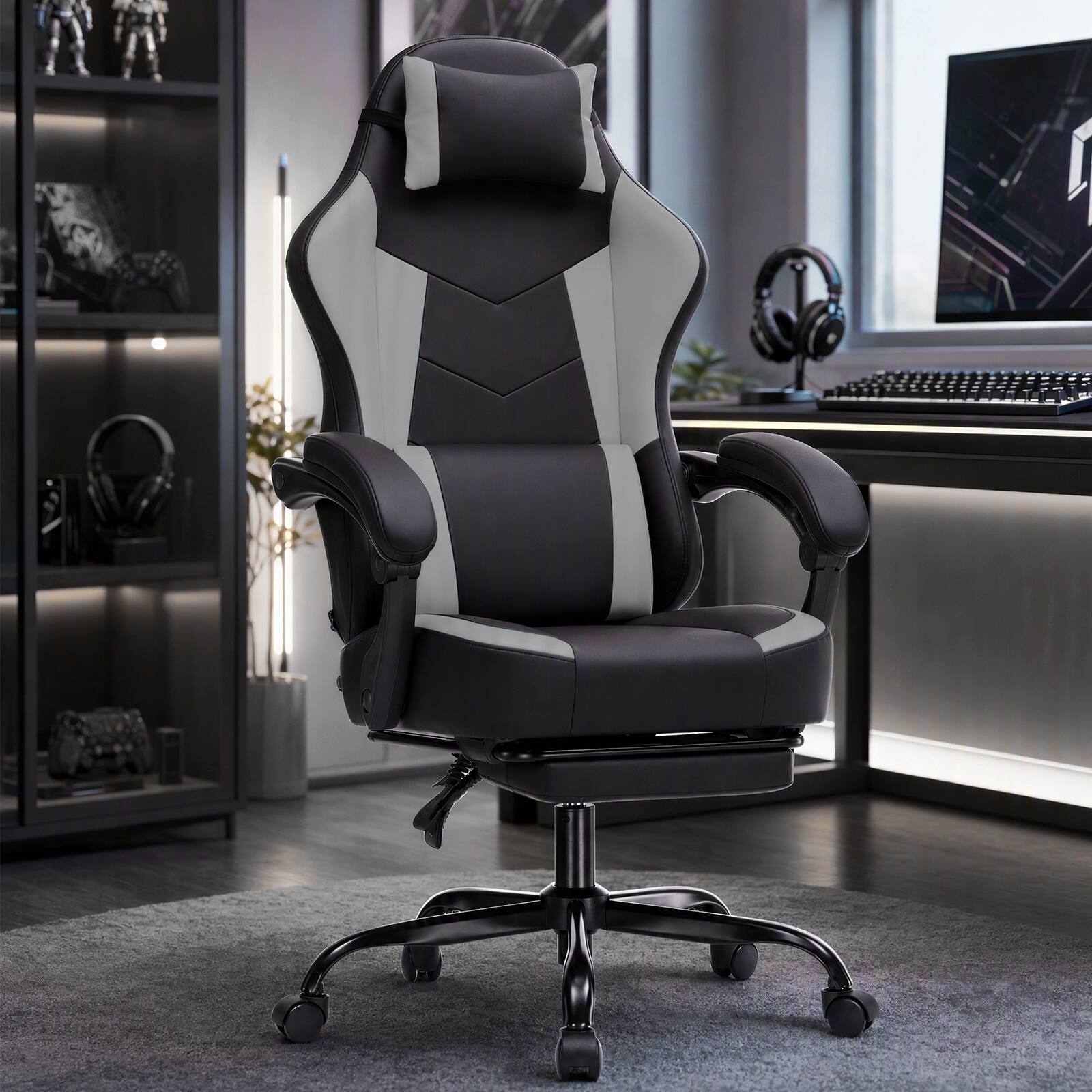 Alt View 3. GTPlayer - Racing Style Gaming Chair with Footrest High Back Ergonomic Computer Chair with Linkage Armrests - Gray.