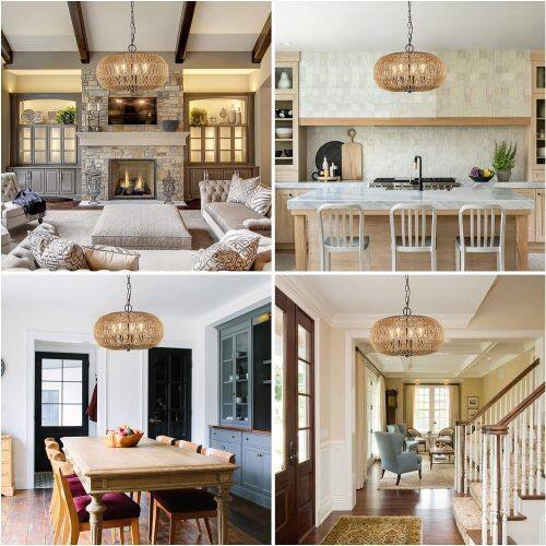 Left. LUCKY ONE - 15.7in Hanging Rattan Chandelier, 4-Light Boho Wicker Pendant Light for Dining Room Kitchen Island - Brown.