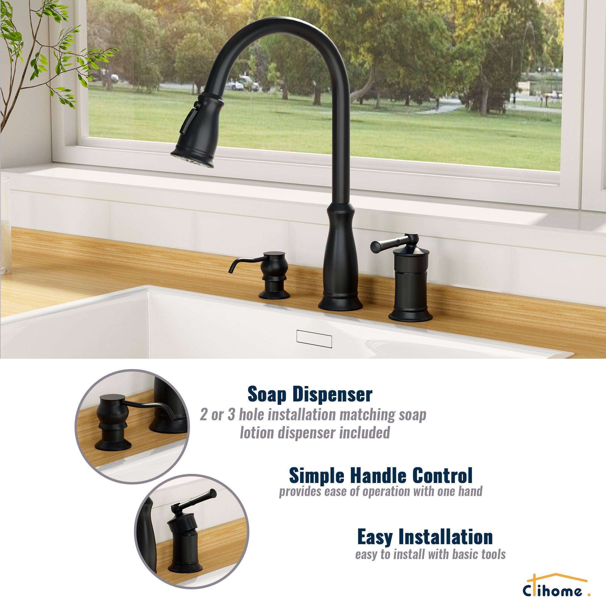 Soap Dispenser 2 or 3 hole installation matching soap lotion dispenser included

Simple Handle Control provides ease of operation with one hand

Easy Installation easy to install with basic tools

Cihome