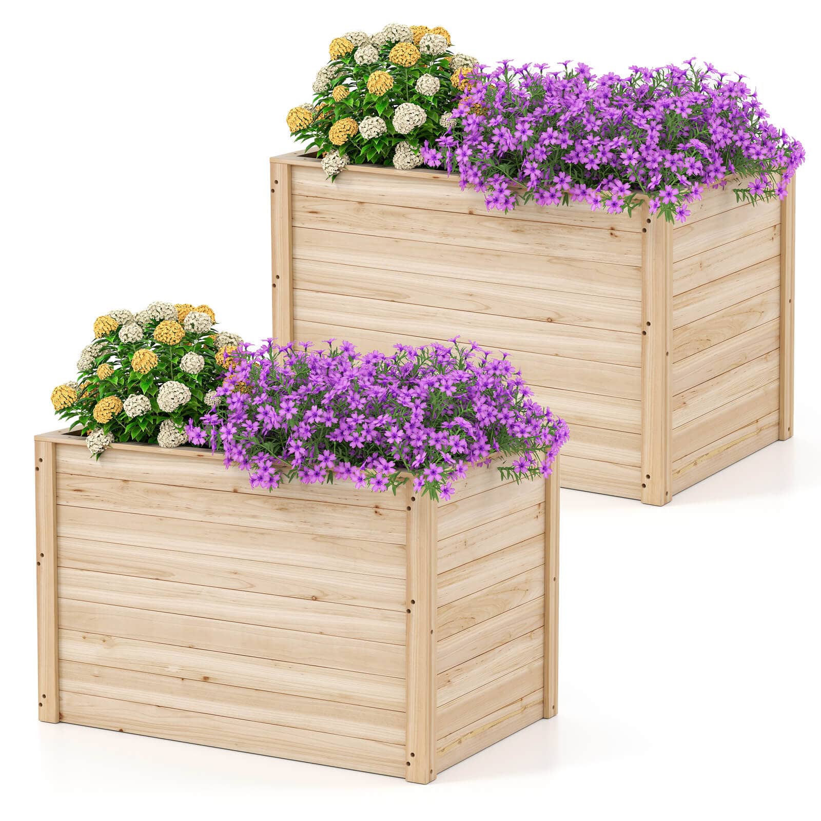 Costway - 2 PCS Elevated Planter Box with Open-Ended Base for Deep-Rooted Vegetable - Natural