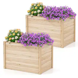 Costway - 2 PCS Elevated Planter Box with Open-Ended Base for Deep-Rooted Vegetable - Natural