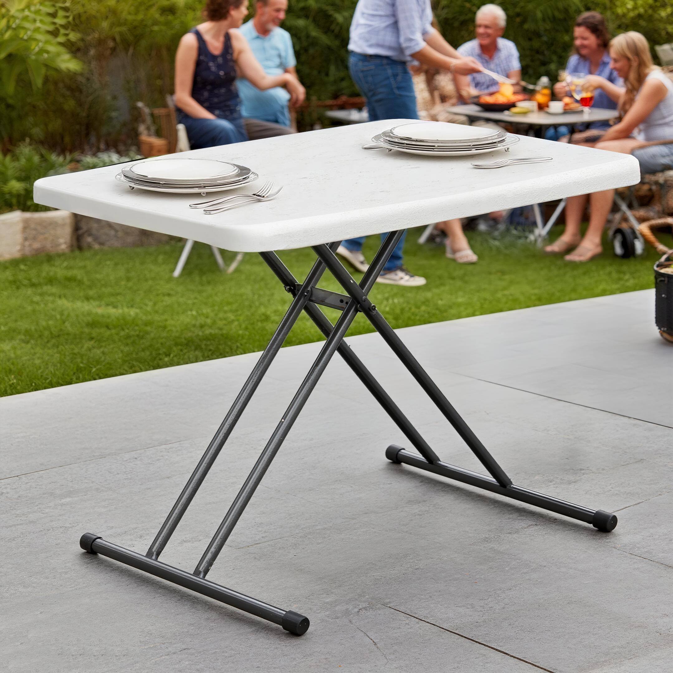 Left. Vipbear - 30" Folding Plastic Table, Laptop TV Tray Table Durable Adjustable Height Portable Snack Table,Easy Fold and Storag - White.