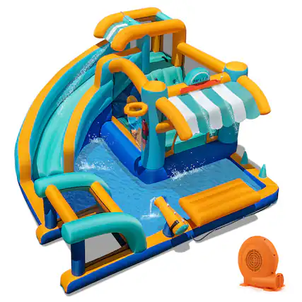 Front. Costway - Costway Inflatable Water Park with Market Stand Climbing Wall Basketball Rim 750W Blower - Multicolor.