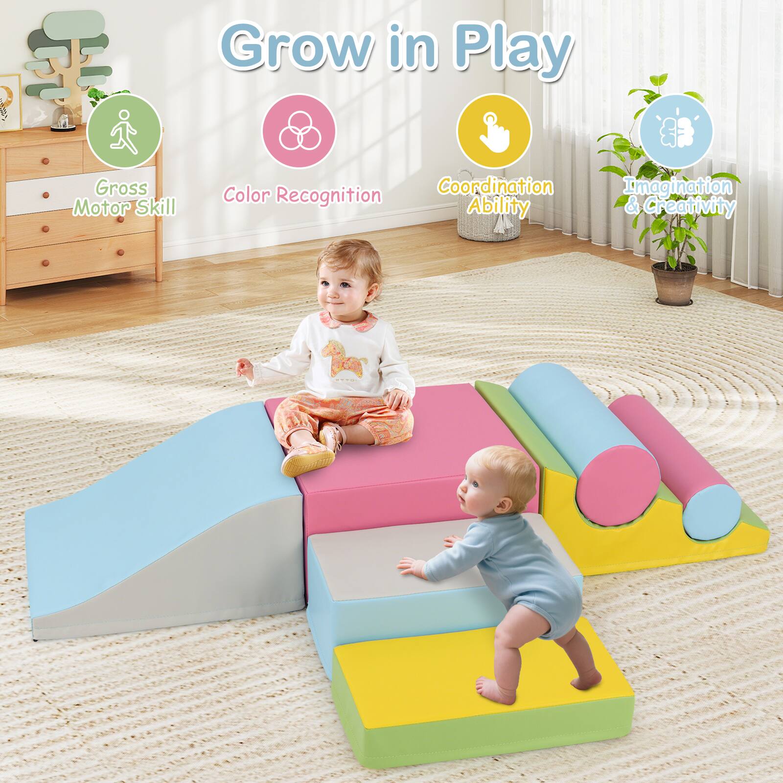 Grow in Play

- Gross Motor Skill
- Color Recognition
- Coordination Ability
- Imagination & Creativity