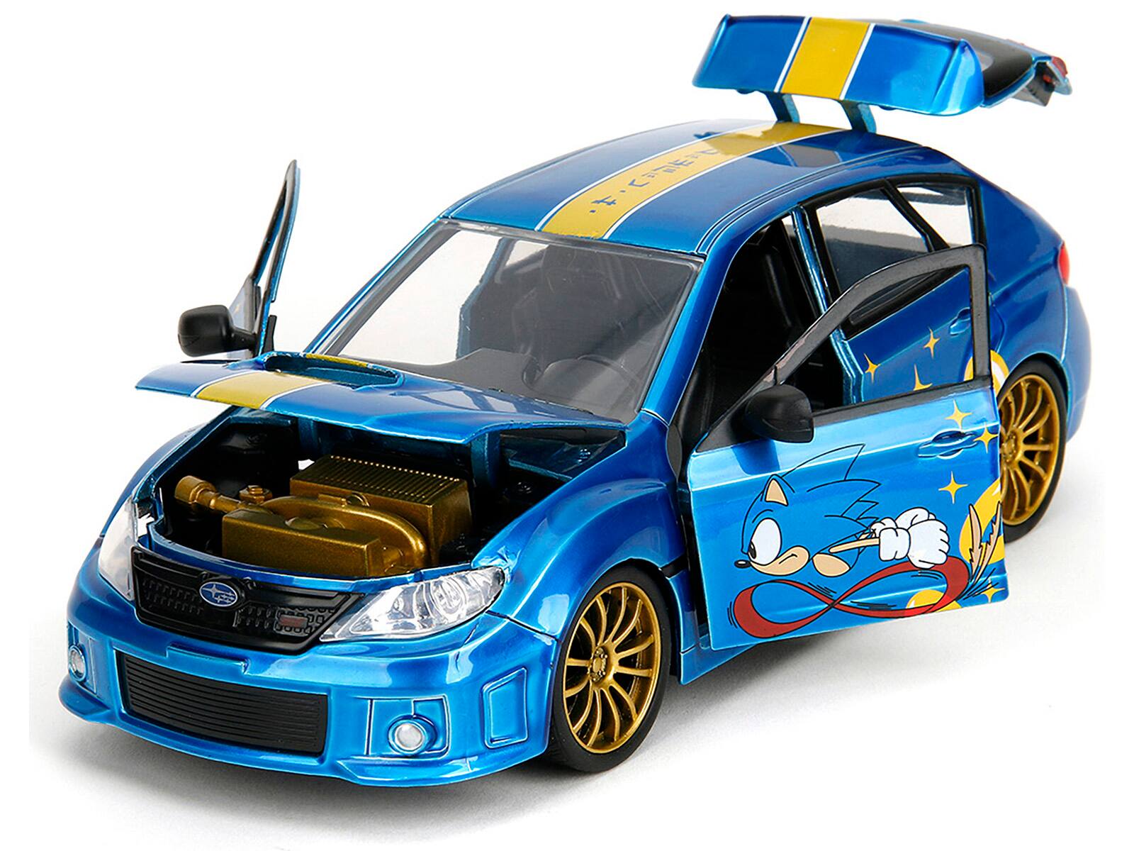 Angle. Jada - 2012 Subaru Impreza WRX STI Blue Metallic with Graphics & Sonic The Hedgehog Diecast Figure 1/24 Hollywood Rides - Blue Metallic.