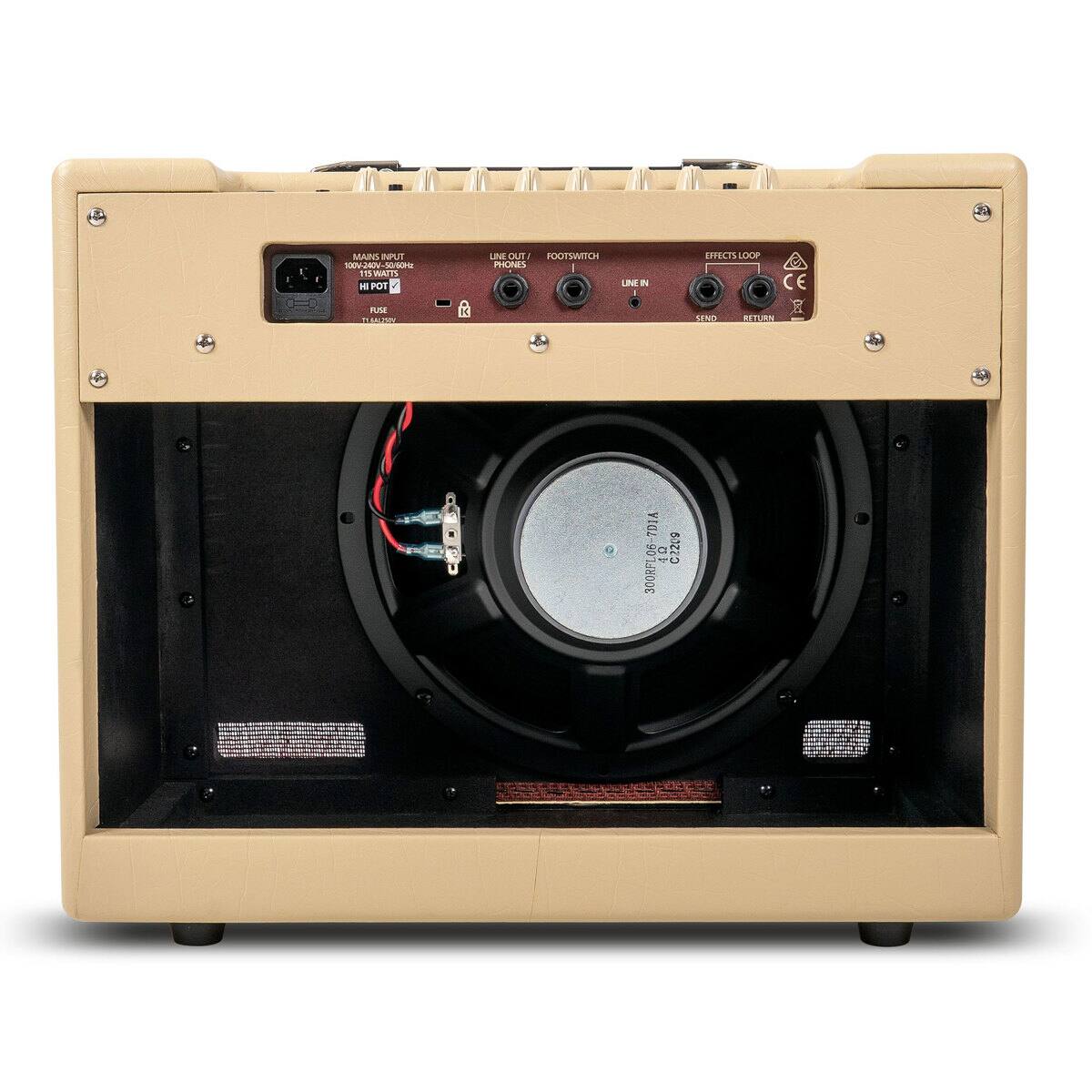 MAINS INPUT 00V-240V-50/60Hz 16 WATTS HI POT

LIVE OUT/ FOOTSWITCH PHONES

LINE N

EFFECTS LOOP

CE

FUSE 7 SAL2SDE

K

SEND

RETURN

7D1A C2209 a 4 300RFL0