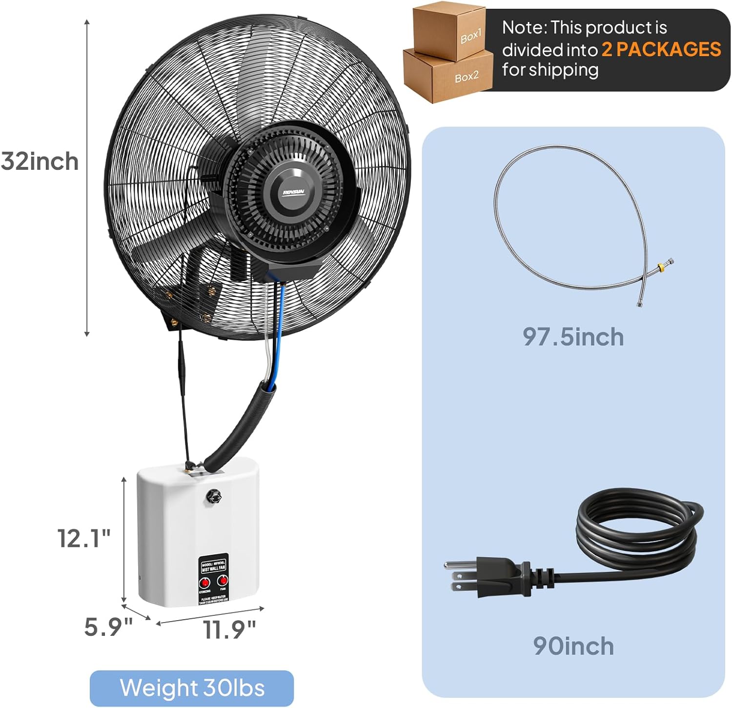 Note: This product is divided into 2 PACKAGES for shipping

Box1: 32inch - 97.5inch

Box2: 12.1" x 5.9" x 11.9" x 90inch

Weight: 30lbs